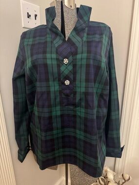 Talbots Green and Navy No Iron Plaid Button-Up Shirt With Rhinestones Large